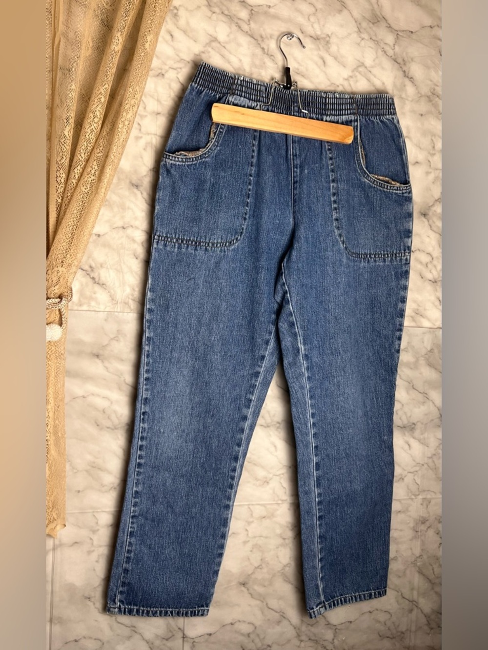 100% Cotton Petite Denim Jeans Pull On PS Petite Small Medium Blue Large Pocket - Picture 2 of 10